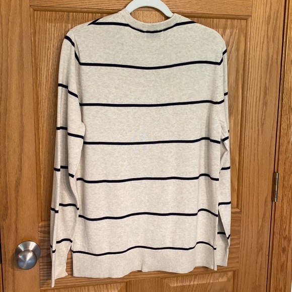 Goodfellow - mens 100% Cotton oatmeal crew neck sweater with dark blue stripes - Picture 8 of 9